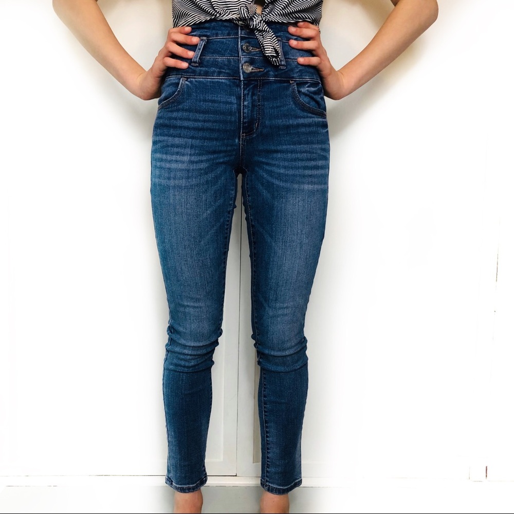 Super ultra high waisted blue denim skinny jeans
